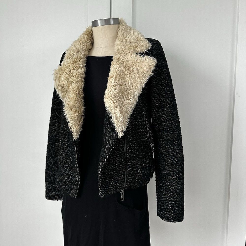 Zara Trafaluc Side Zip Shearling Wool Herringbone Tweed Moto Jacket Womens XS - Picture 2 of 10